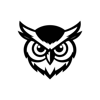 Baykuş kafalı. Tek renkli baykuş simgesi, işaret, amblem, rozet. Vektör illüstrasyonu