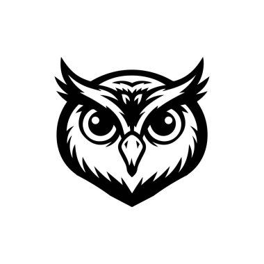 Baykuş kafalı. Tek renkli baykuş simgesi, işaret, amblem, rozet. Vektör illüstrasyonu