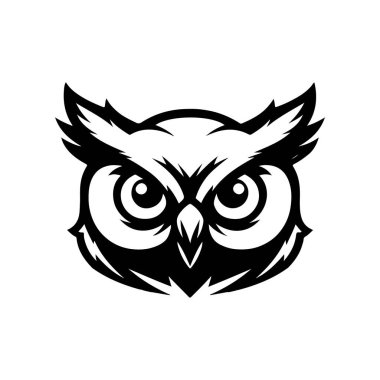 Baykuş kafalı. Tek renkli baykuş simgesi, işaret, amblem, rozet. Vektör illüstrasyonu