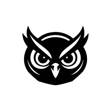 Baykuş kafalı. Tek renkli baykuş simgesi, işaret, amblem, rozet. Vektör illüstrasyonu