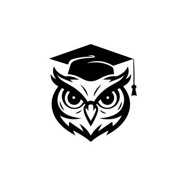 Baykuş kafalı. Tek renkli baykuş simgesi, işaret, amblem, rozet. Vektör illüstrasyonu