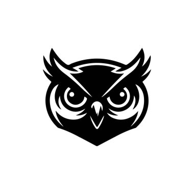 Baykuş kafalı. Tek renkli baykuş simgesi, işaret, amblem, rozet. Vektör illüstrasyonu