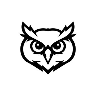 Baykuş kafalı. Tek renkli baykuş simgesi, işaret, amblem, rozet. Vektör illüstrasyonu