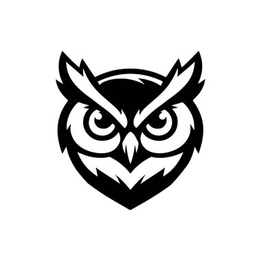 Baykuş kafalı. Tek renkli baykuş simgesi, işaret, amblem, rozet. Vektör illüstrasyonu