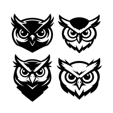 Baykuş kafalı. Tek renkli baykuş simgesi, işaret, amblem, rozet. Vektör illüstrasyonu