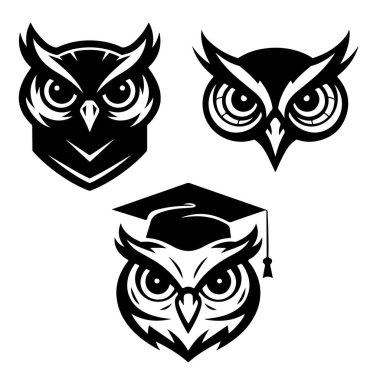 Baykuş kafalı. Tek renkli baykuş simgesi, işaret, amblem, rozet. Vektör illüstrasyonu