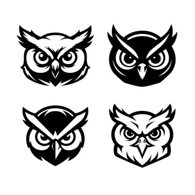 Baykuş kafalı. Tek renkli baykuş simgesi, işaret, amblem, rozet. Vektör illüstrasyonu