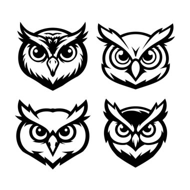 Baykuş kafalı. Tek renkli baykuş simgesi, işaret, amblem, rozet. Vektör illüstrasyonu