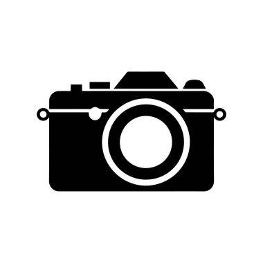 Fotoğraf makinesi tasviri. Logo, etiket, işaret, poster, kart için tasarım ögesi. Vektör illüstrasyonu