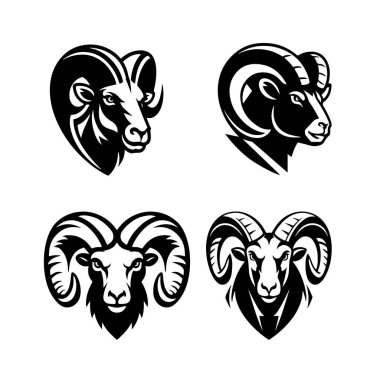 Beyaz arkaplanda Ram simgesi izole edildi. Koyun kafalı. Logo, etiket, amblem, işaret için tasarım elemanları. Vektör illüstrasyonu