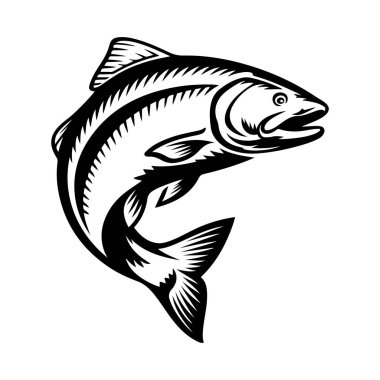 Beyaz arka planda somon simgesi izole edildi. Logo, etiket, amblem, işaret, pankart, poster için tasarım ögesi. Vektör illüstrasyonu