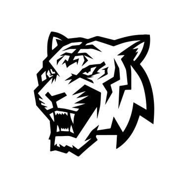 Beyaz arka planda izole edilmiş kaplan başı çizimi. Logo, etiket, amblem için resimler. Vektör illüstrasyonu.