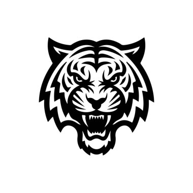 Beyaz arka planda izole edilmiş kaplan başı çizimi. Logo, etiket, amblem için resimler. Vektör illüstrasyonu.