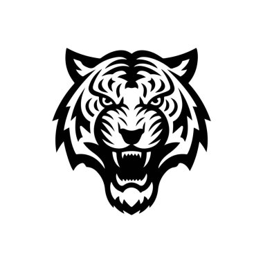 Beyaz arka planda izole edilmiş kaplan başı çizimi. Logo, etiket, amblem için resimler. Vektör illüstrasyonu.