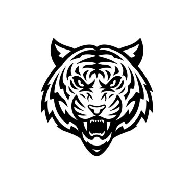 Beyaz arka planda izole edilmiş kaplan başı çizimi. Logo, etiket, amblem için resimler. Vektör illüstrasyonu.