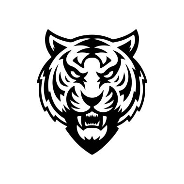 Beyaz arka planda izole edilmiş kaplan başı çizimi. Logo, etiket, amblem için resimler. Vektör illüstrasyonu.