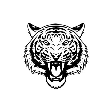 Beyaz arka planda izole edilmiş kaplan başı çizimi. Logo, etiket, amblem için resimler. Vektör illüstrasyonu.