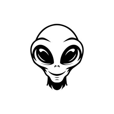 Uzaylı kafası tasviri. Uzaylı kafası. UFO. Kriptozooloji. Logo, etiket, işaret, poster, kart için tasarım ögesi. Vektör illüstrasyonu