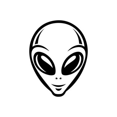Uzaylı kafası tasviri. Uzaylı kafası. UFO. Kriptozooloji. Logo, etiket, işaret, poster, kart için tasarım ögesi. Vektör illüstrasyonu