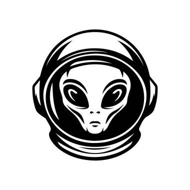 Uzaylı kafası tasviri. Uzaylı kafası. UFO. Kriptozooloji. Logo, etiket, işaret, poster, kart için tasarım ögesi. Vektör illüstrasyonu