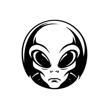 Uzaylı kafası tasviri. Uzaylı kafası. UFO. Kriptozooloji. Logo, etiket, işaret, poster, kart için tasarım ögesi. Vektör illüstrasyonu