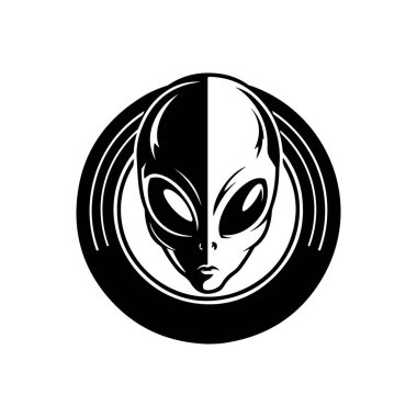 Uzaylı kafası tasviri. Uzaylı kafası. UFO. Kriptozooloji. Logo, etiket, işaret, poster, kart için tasarım ögesi. Vektör illüstrasyonu