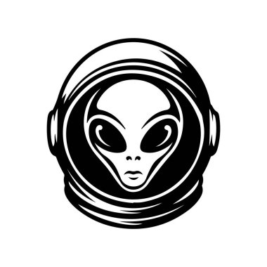 Uzaylı kafası tasviri. Uzaylı kafası. UFO. Kriptozooloji. Logo, etiket, işaret, poster, kart için tasarım ögesi. Vektör illüstrasyonu