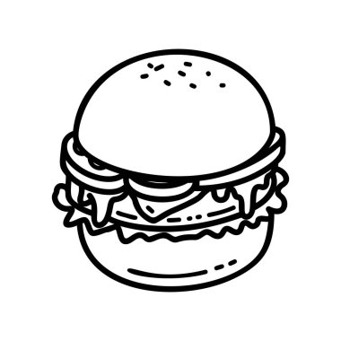 Çizgi film tarzında hamburger tasviri. Logo, etiket, rozet ve amblem için tasarım elemanı. Vektör illüstrasyonu