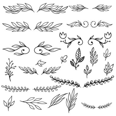 El yapımı yapraklar, dallar, çiçekler, yeşillikler. Pankart, işaret, poster ve dekorasyon için tasarım öğesi. Vektör illüstrasyonu