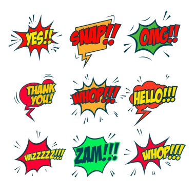 Beyaz arkaplanda izole edilmiş çizgi roman tarzı ifadeler. Pop sanatsal ifadeler ayarlandı. Vay canına! Tüh! Vay canına! Poster ve el ilanı için tasarım elemanı. Vektör tasarım ögesi.