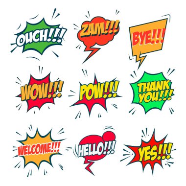 Beyaz arkaplanda izole edilmiş çizgi roman tarzı ifadeler. Pop sanatsal ifadeler ayarlandı. Vay canına! Tüh! Vay canına! Poster ve el ilanı için tasarım elemanı. Vektör tasarım ögesi.