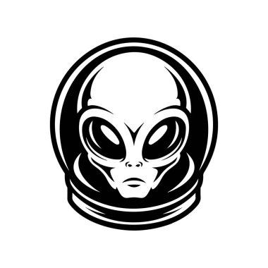 Uzaylı kafası tasviri. Uzaylı kafası. UFO. Kriptozooloji. Logo, etiket, işaret, poster, kart için tasarım ögesi. Vektör illüstrasyonu
