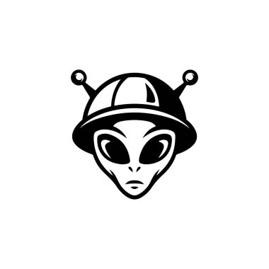 Uzaylı kafası tasviri. Uzaylı kafası. UFO. Kriptozooloji. Logo, etiket, işaret, poster, kart için tasarım ögesi. Vektör illüstrasyonu