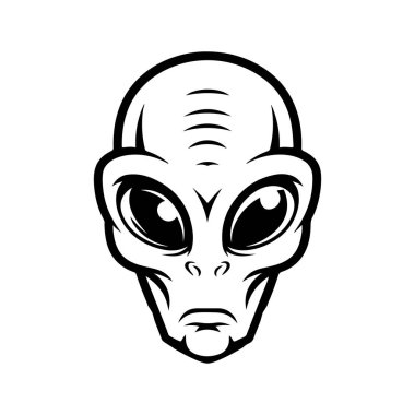 Uzaylı kafası tasviri. Uzaylı kafası. UFO. Kriptozooloji. Logo, etiket, işaret, poster, kart için tasarım ögesi. Vektör illüstrasyonu