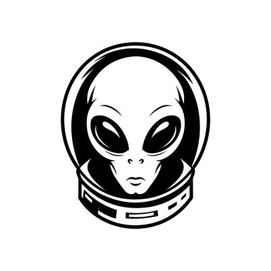 Uzaylı kafası tasviri. Uzaylı kafası. UFO. Kriptozooloji. Logo, etiket, işaret, poster, kart için tasarım ögesi. Vektör illüstrasyonu