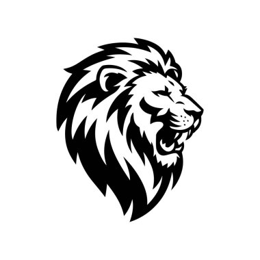 Aslan başı tasviri. Aslan kafalı maskot. Logo, etiket, işaret, poster, kart için tasarım ögesi. Vektör illüstrasyonu