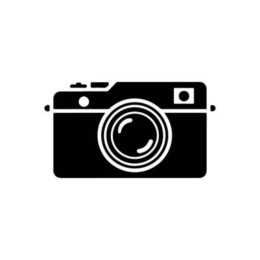 Fotoğraf makinesi tasviri. Logo, etiket, işaret, poster, kart için tasarım ögesi. Vektör illüstrasyonu