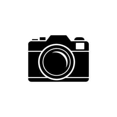 Fotoğraf makinesi tasviri. Logo, etiket, işaret, poster, kart için tasarım ögesi. Vektör illüstrasyonu