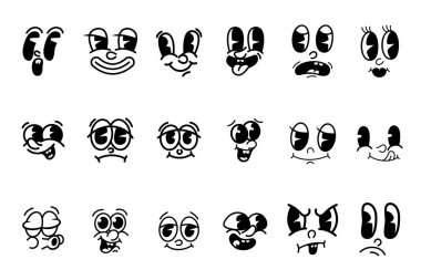 Çizgi film yüzleri, komik karakterler. Eski tarz animasyon gözler, ağız. Çizgi film gözleri. Çizgi roman tarzı yüzler. Vektör illüstrasyonu