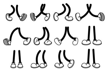 Ayakkabı içinde klasik karikatür ayakları. Çizme çizme. Farklı pozlarda komik retro ayaklar. Vektör illüstrasyonları