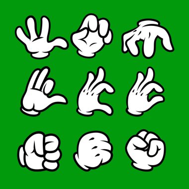 Eldivenli çizgi film elleri. Retro tarzı maskot elleri. Lastik hortum tarzı eller. Vektör illüstrasyonu