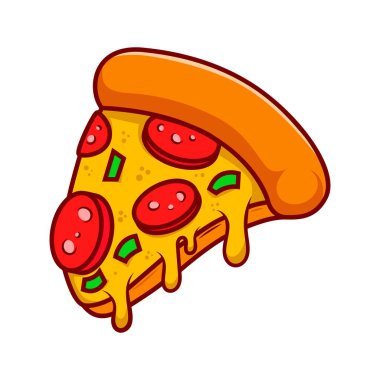 Pizza dilimi. Çizgi film pizza illüstrasyonu. Eritilmiş peynirli çizgi film ikonlu pizza. Amblem, poster, simge ve menü için tasarım ögesi. Vektör illüstrasyonu