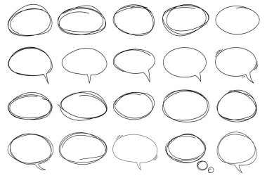 Bir dizi el yapımı konuşma ovalleri. İletişim konuşma balonları. Vektör illüstrasyonu
