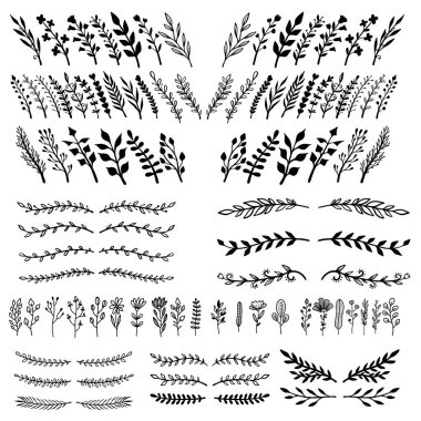 El yapımı yapraklar, dallar, çiçekler, yeşillikler. Pankart, işaret, poster ve dekorasyon için tasarım öğesi. Vektör illüstrasyonu
