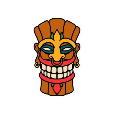 Tiki kabilesinin tahta maskesi. Hawaii geleneksel elementleri. Renkli, ahşap ve siyah beyaz siluet. Vektör illüstrasyonu