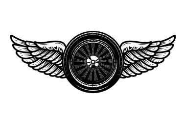 Siyah ve beyaz kanatlı tekerlek çizimi beyaz arka planda izole edilmiş. Amblem, imza, poster, kart ve rozet için tasarım elemanı. Vektör illüstrasyonu
