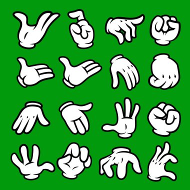 Eldivenli çizgi film elleri. Retro tarzı maskot elleri. Lastik hortum tarzı eller. Vektör illüstrasyonu