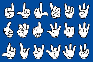 Eldivenli çizgi film elleri. Retro tarzı maskot elleri. Lastik hortum tarzı eller. Vektör illüstrasyonu