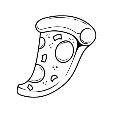 Pizza dilimi. Çizgi film pizza illüstrasyonu. Eritilmiş peynirli çizgi film ikonlu pizza. Amblem, poster, simge ve menü için tasarım ögesi. Vektör illüstrasyonu