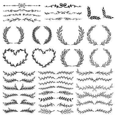 El yapımı yapraklar, dallar, çiçekler, yeşillikler. Pankart, işaret, poster ve dekorasyon için tasarım öğesi. Vektör illüstrasyonu